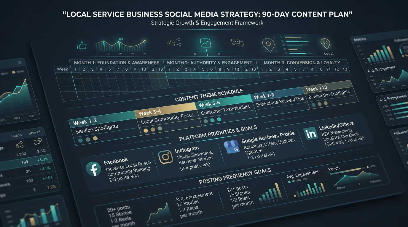 Social media strategy document showing 90-day content plan with posting frequency platform priorities and content theme schedule