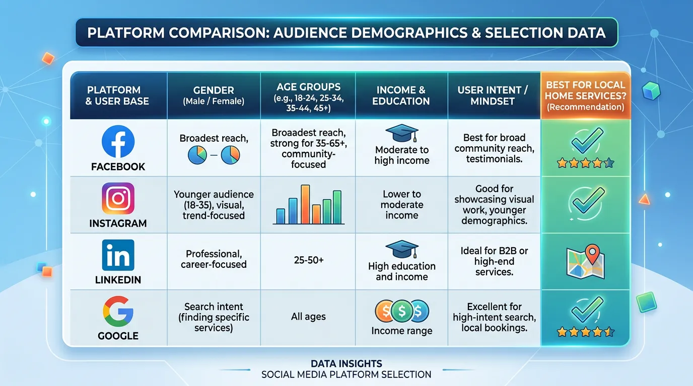 Platform comparison table showing audience demographics for Facebook Instagram LinkedIn and Google for local home services