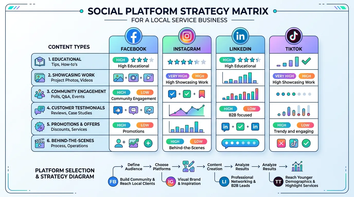 Social platform strategy matrix showing content types that work best on Facebook Instagram LinkedIn and TikTok for local services