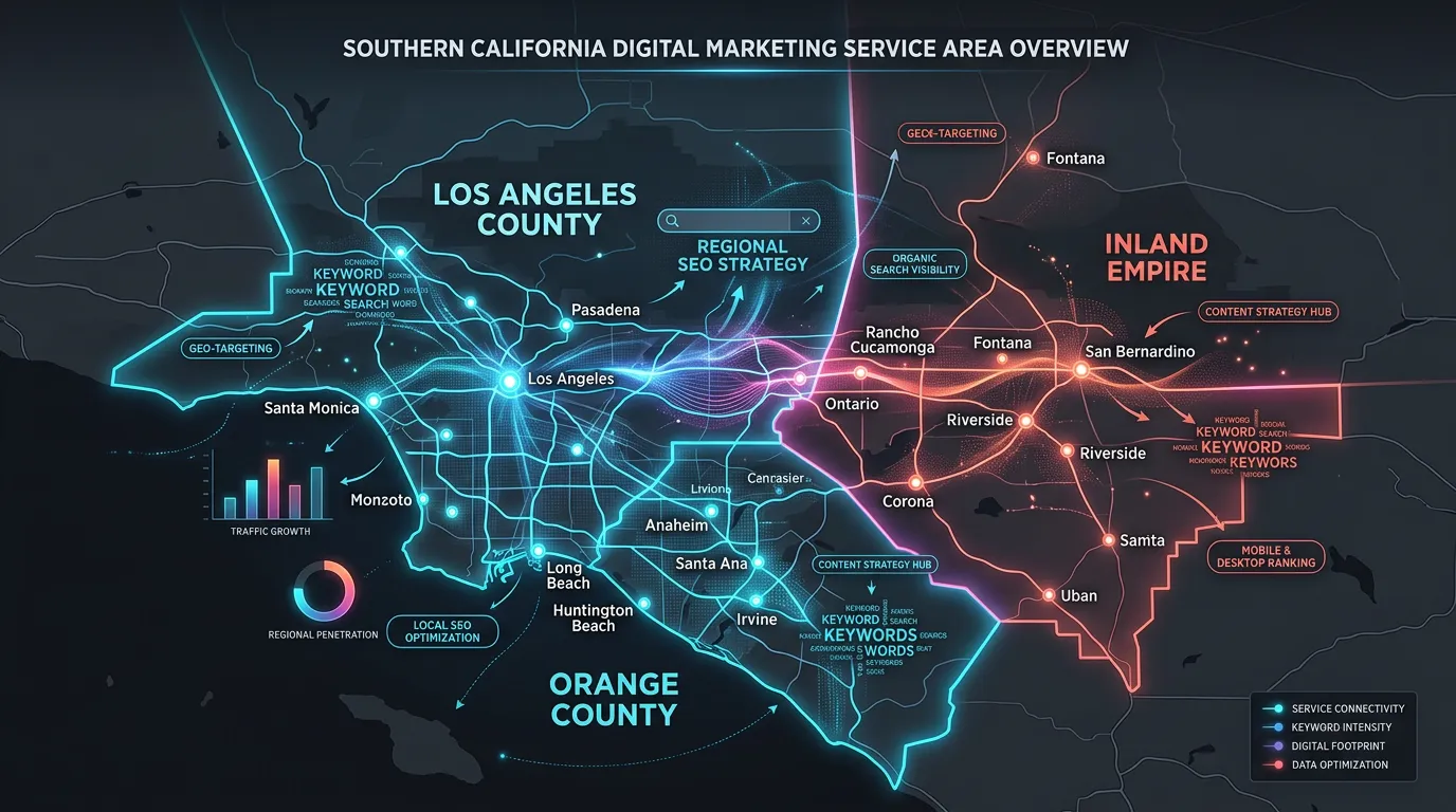Southern California full service area digital marketing coverage map showing Inland Empire Orange County and LA County cities
