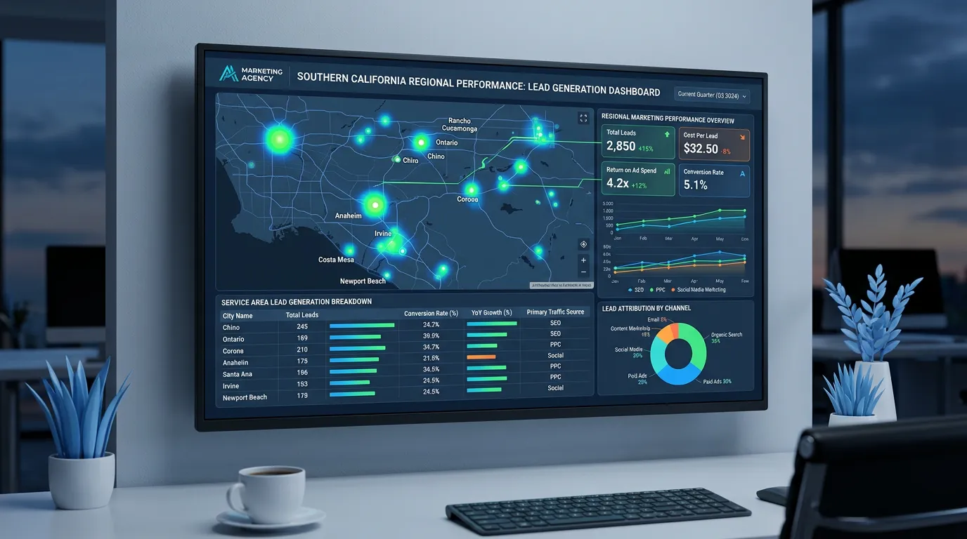 Southern California digital marketing results dashboard showing lead generation across all service area cities