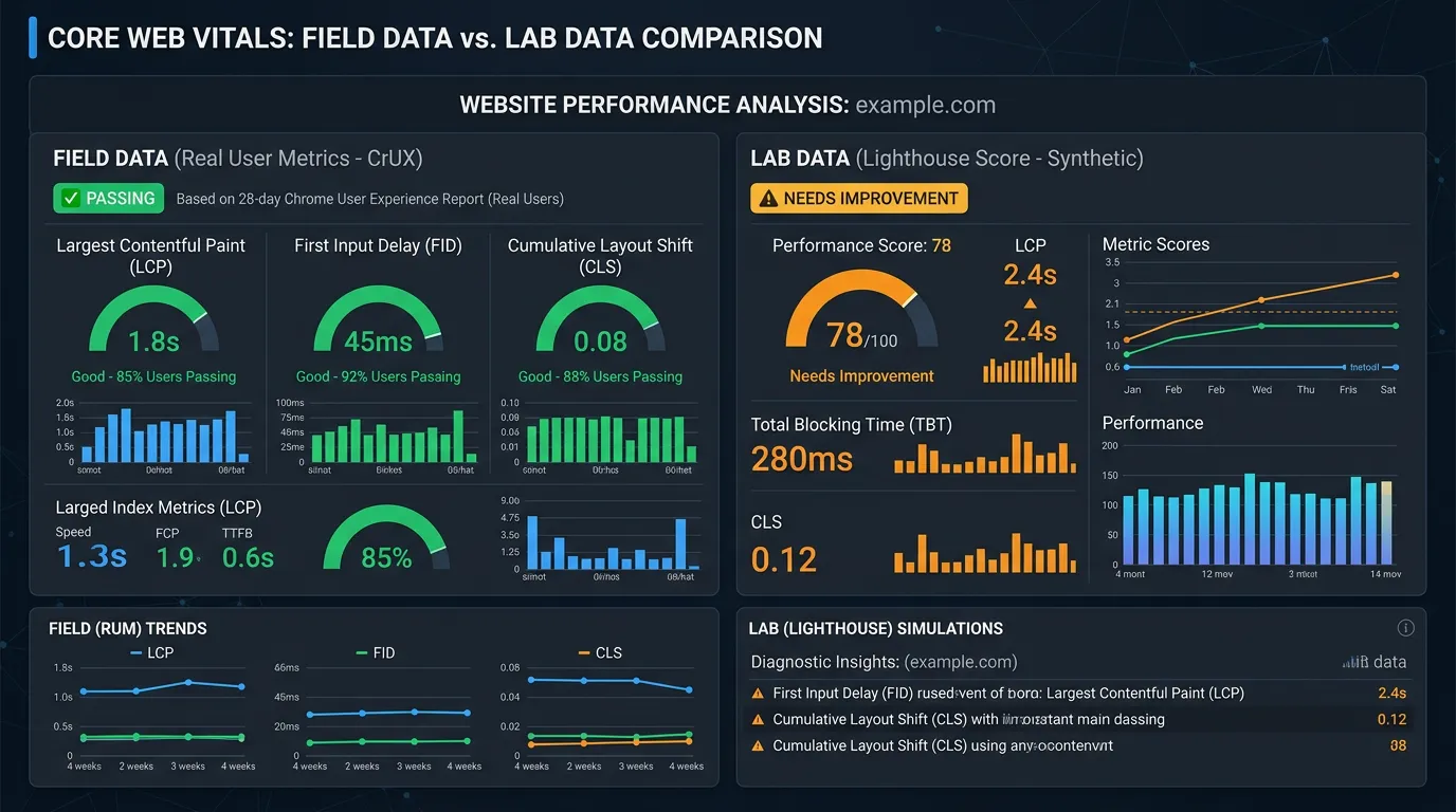 Core Web Vitals field data versus lab data comparison showing real user metrics and lighthouse scores side by side