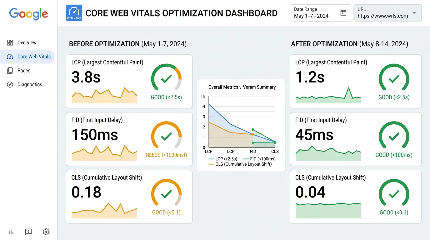 Core Web Vitals dashboard showing LCP, FID and CLS in the good range, before and after optimization