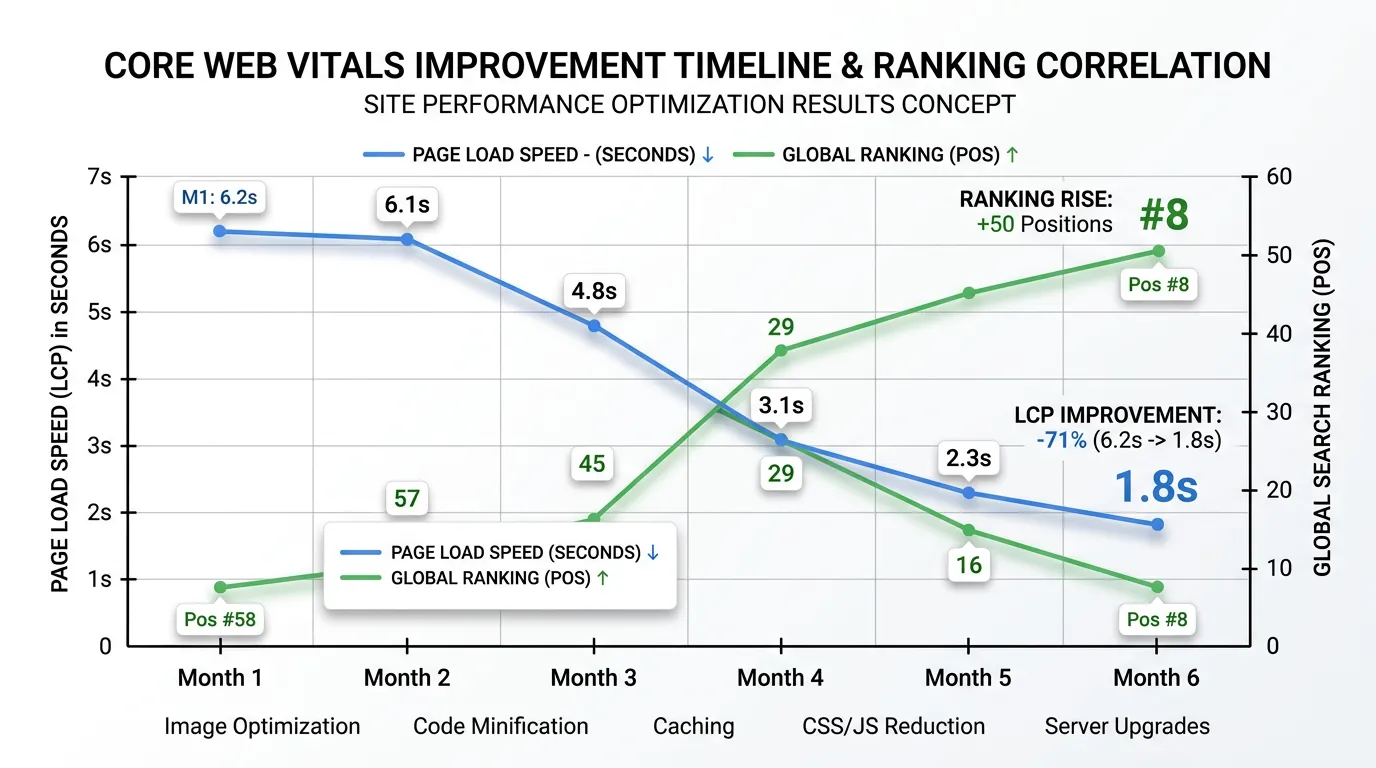 Chart illustrating page load speed before and after Core Web Vitals work