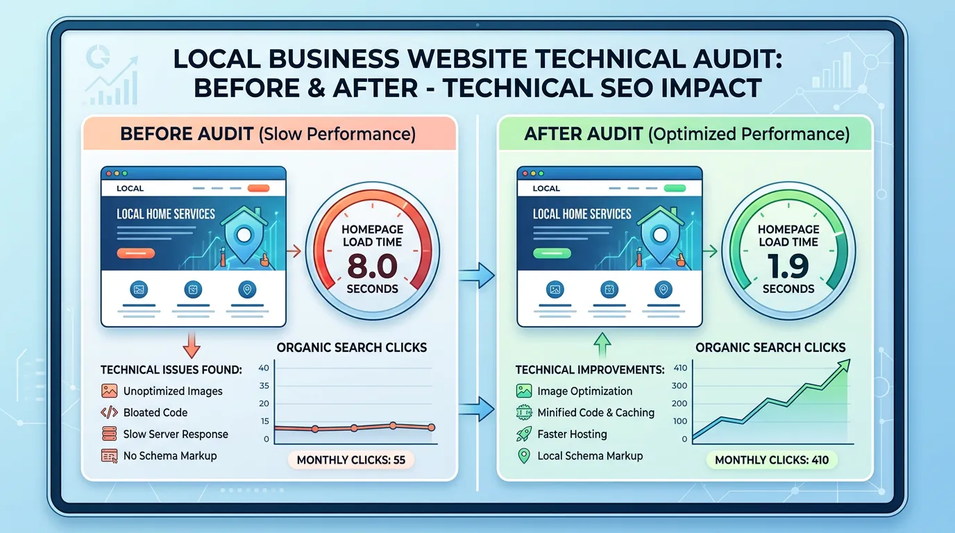 Local business website technical audit before and after showing homepage load time improving from 8 seconds to 1.9 seconds