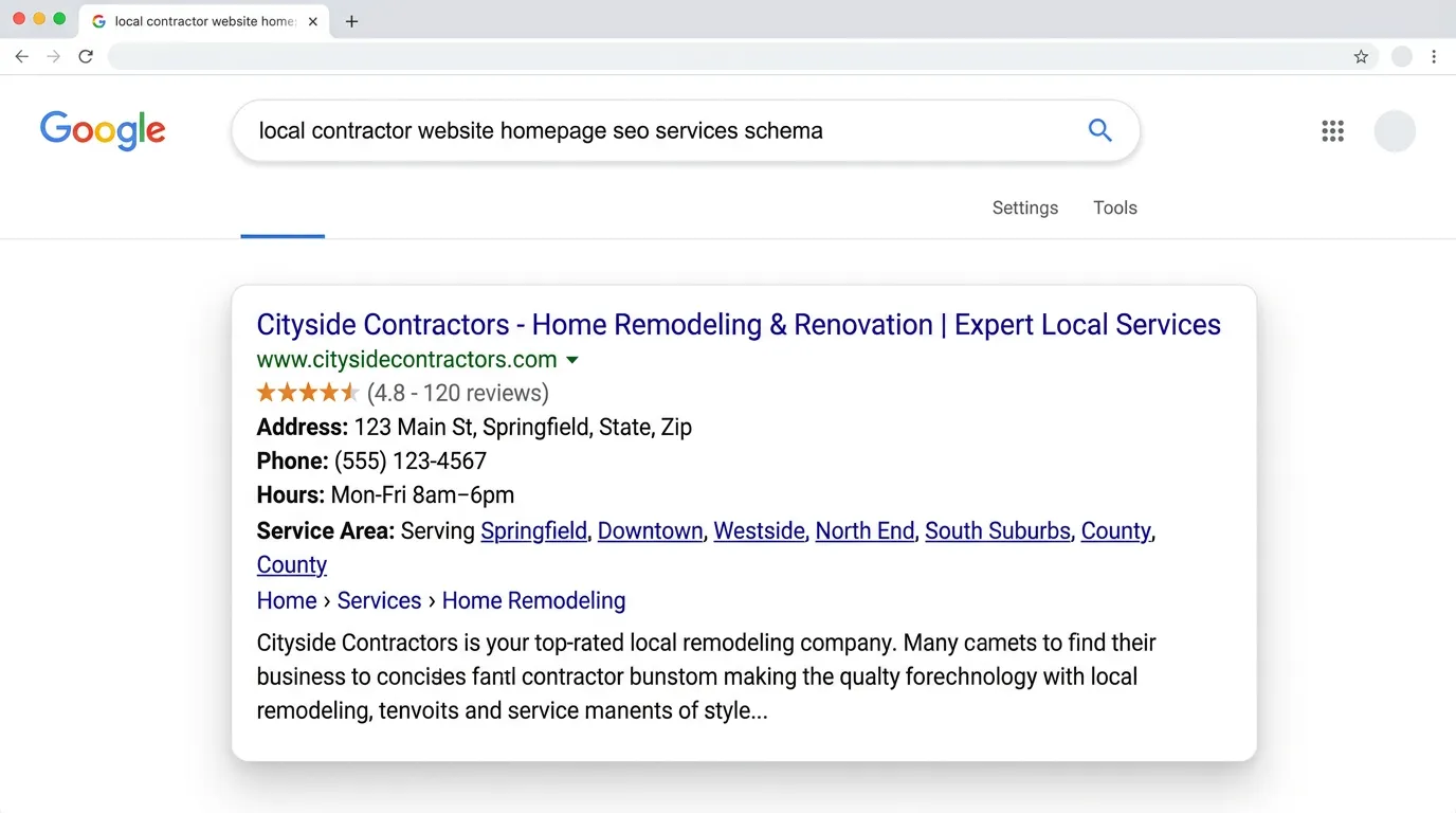Local contractor website with technical SEO showing LocalBusiness schema and rich snippet appearing in Google search results