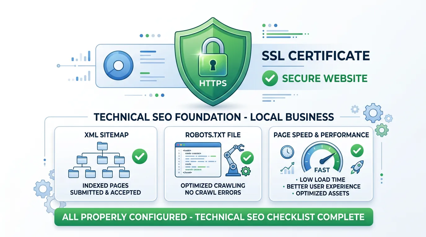 Local business website technical foundation showing SSL HTTPS sitemaps robots.txt and page speed all properly configured