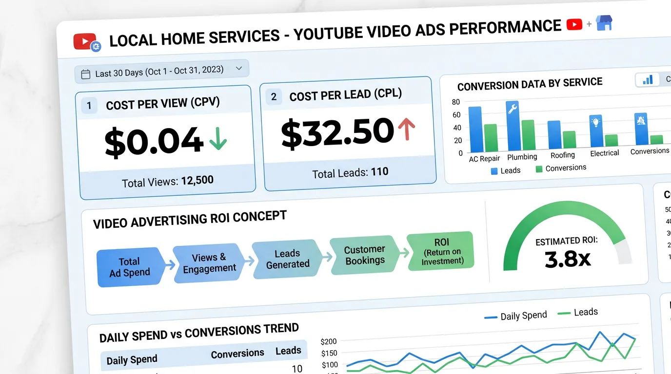 Video ad cost metrics showing YouTube advertising cost per view and cost per lead for local home services business