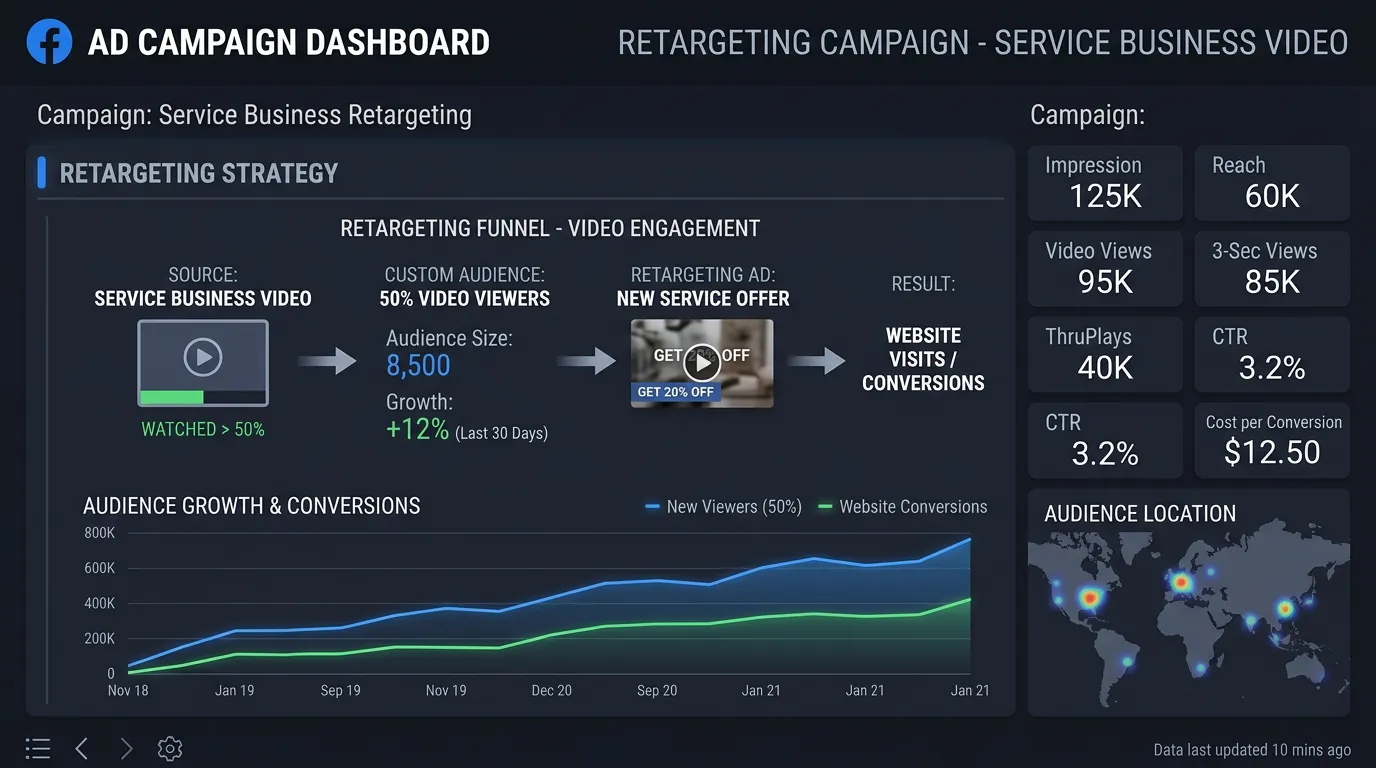 Retargeting video ad campaign targeting people who watched part of a service business video