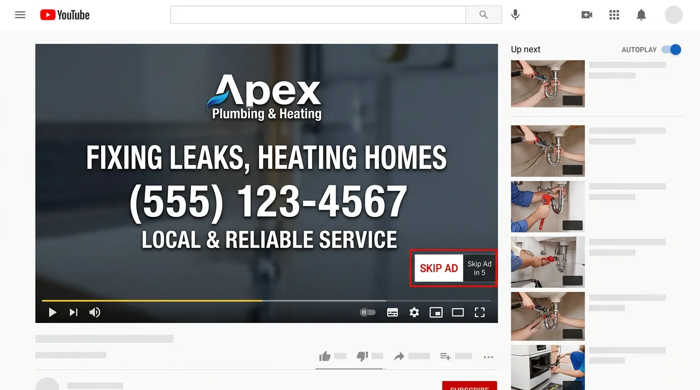 Video ad running on YouTube showing pre-roll ad for local service business with skip button and strong thumbnail