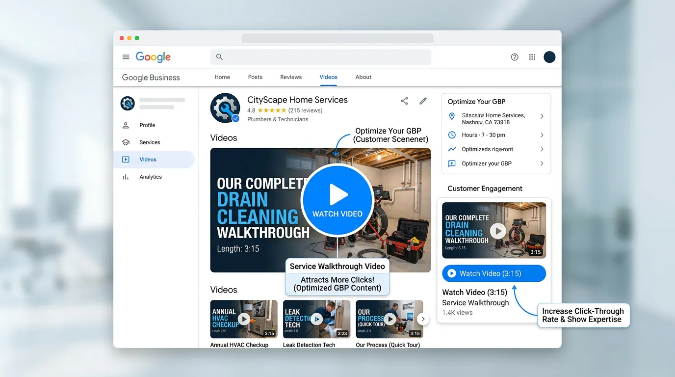 GBP showing video content section with service walkthrough thumbnail attracting more clicks from potential customers