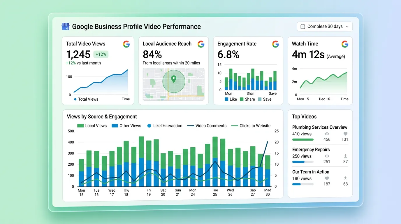 GBP video performance metrics showing views from local customers and engagement with service business video