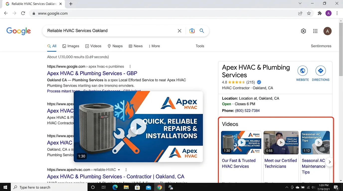 Google Business Profile video section showing service business video thumbnail prominently in Google search results