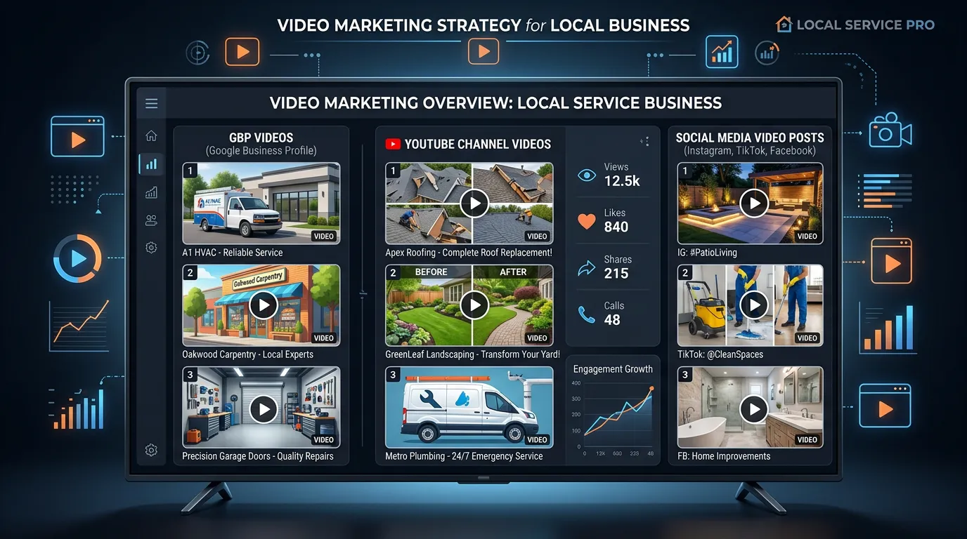 Video marketing overview showing local service business with YouTube GBP videos and social media video posts on multiple screens
