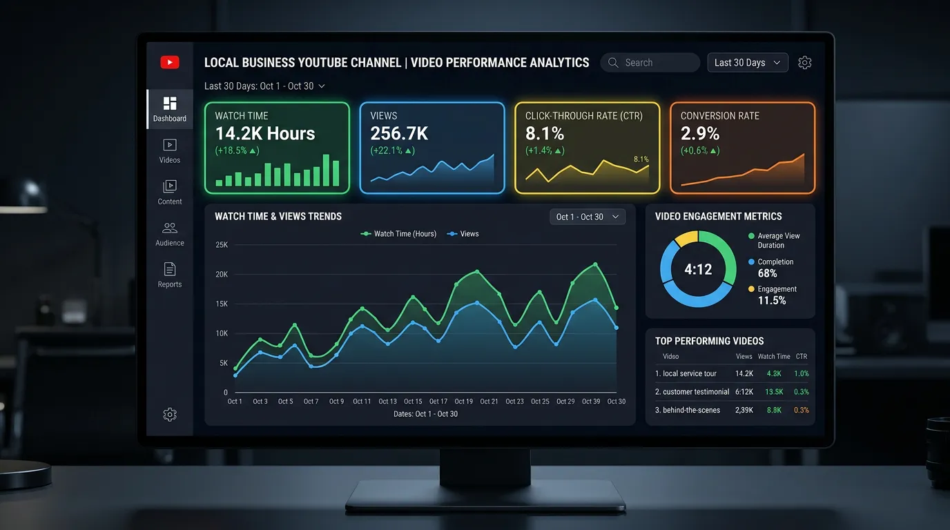 Video content performance analytics showing watch time views CTR and conversion rate for local business YouTube channel