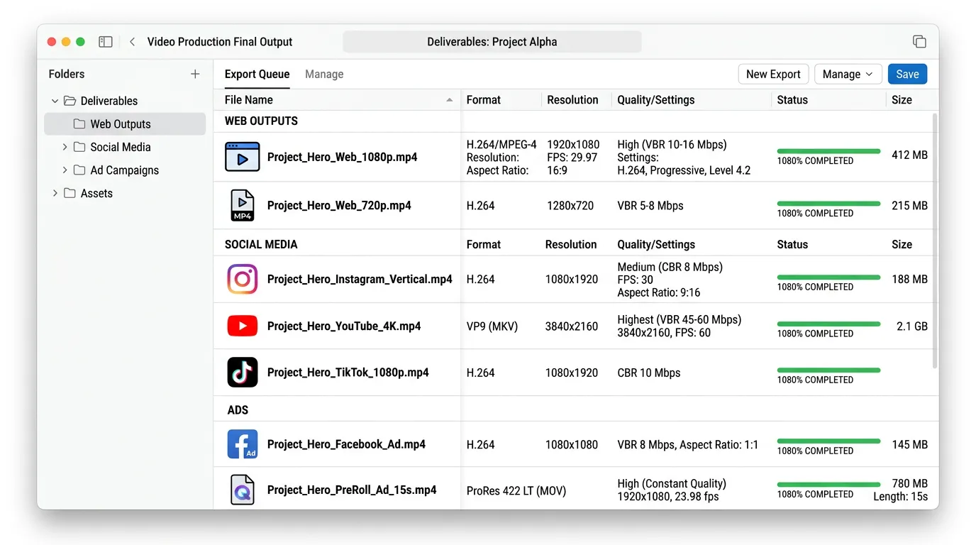 Video production deliverables showing finished video file formats for web social and ads with export settings