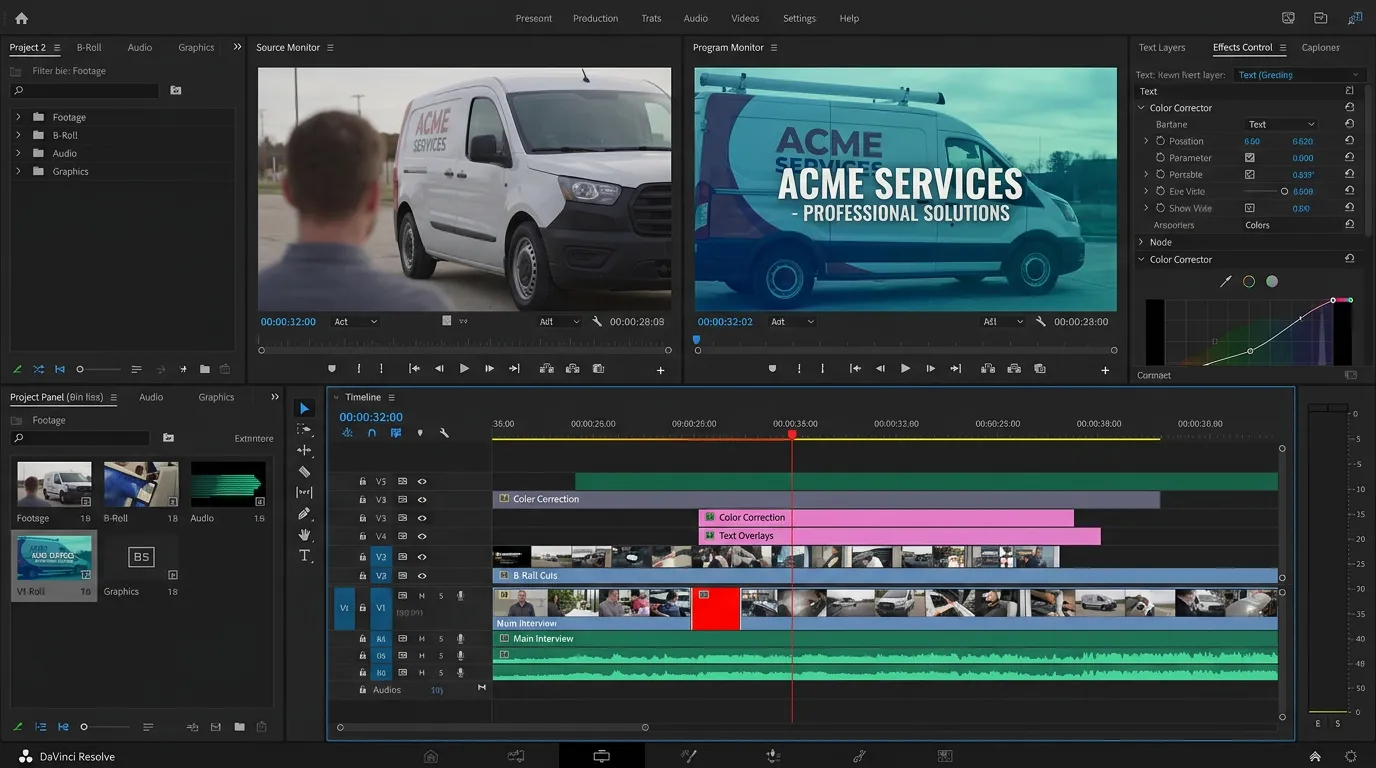 Video editing software timeline showing service business video being edited with b-roll cuts and color correction