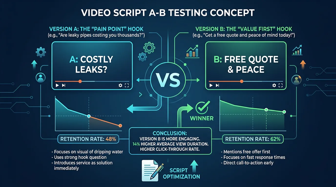 Video script A-B testing showing two opening hooks tested with viewer retention rate comparison for service business video