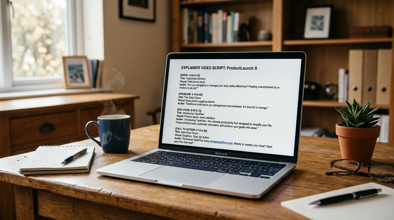 Video script writing document showing structured explainer script with hook problem solution and call to action sections