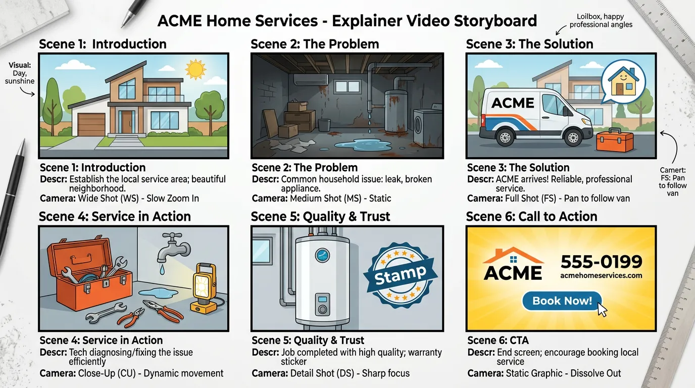 Video storyboard panels showing 6 scenes planned for local service business explainer video with scene descriptions
