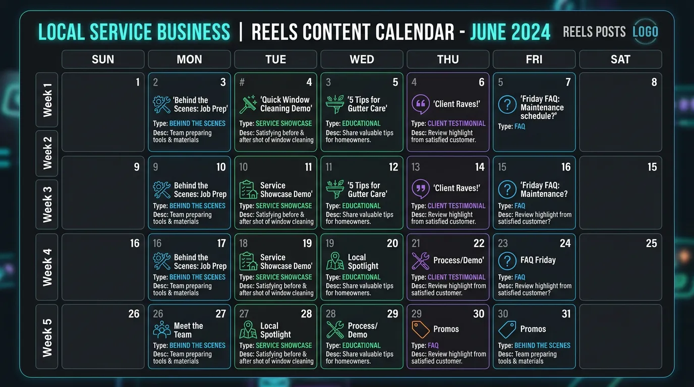 Short form video content calendar showing planned Reels posts for local service business with content types day by day