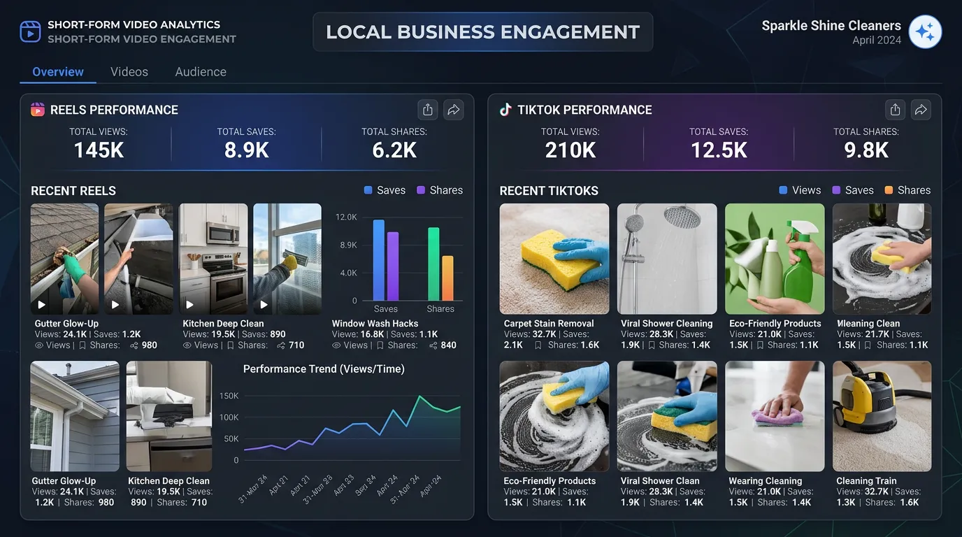 Short form video engagement metrics showing Reels and TikTok performance with views saves and shares per video