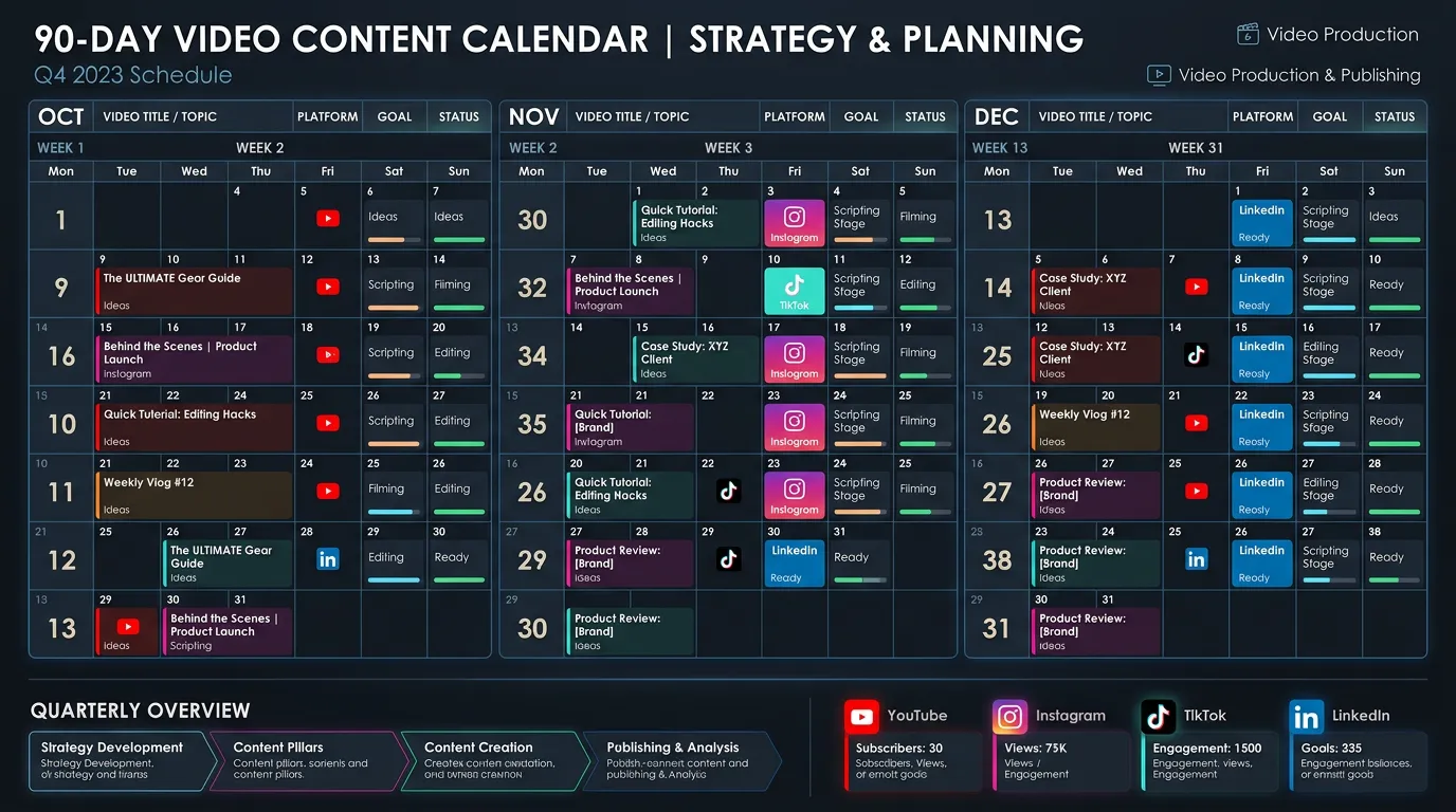 Video content calendar showing 90-day production and publishing schedule with video topics dates and platform targets