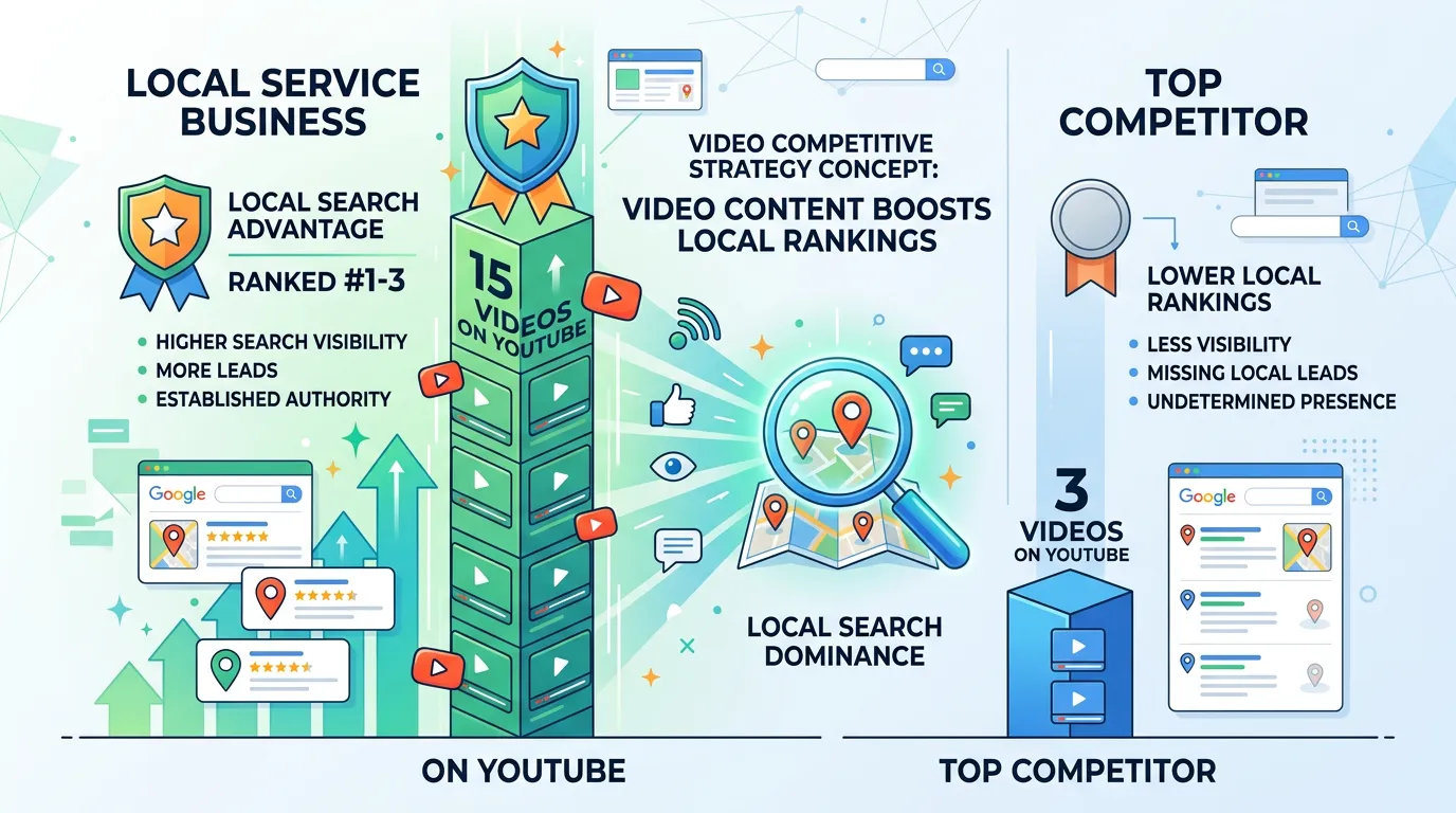 Video strategy competitive analysis showing local service business with 15 YouTube videos versus competitor with 3 videos