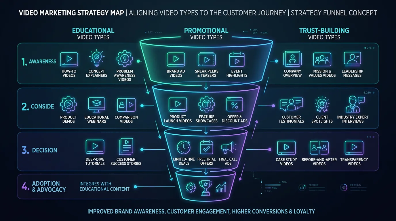 Video marketing strategy map showing video types used at each stage of customer journey from awareness to decision