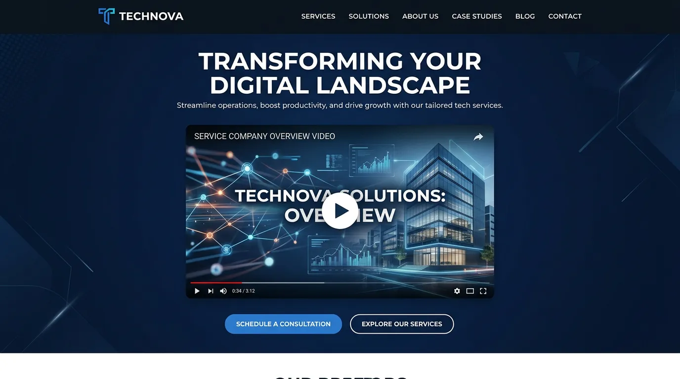 Website hero section with embedded video player showing service company overview video on homepage above the fold