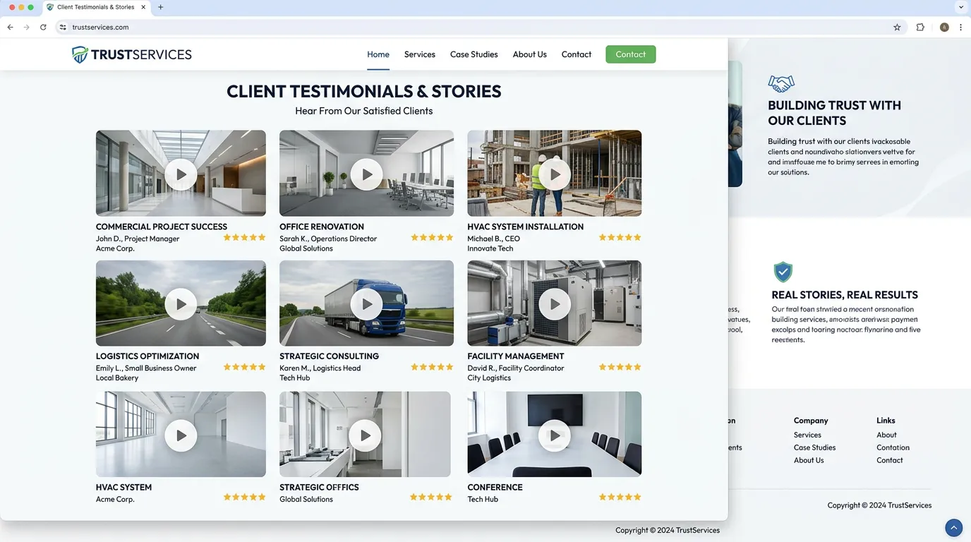 Service business website showing video testimonial section with video player thumbnails and play buttons