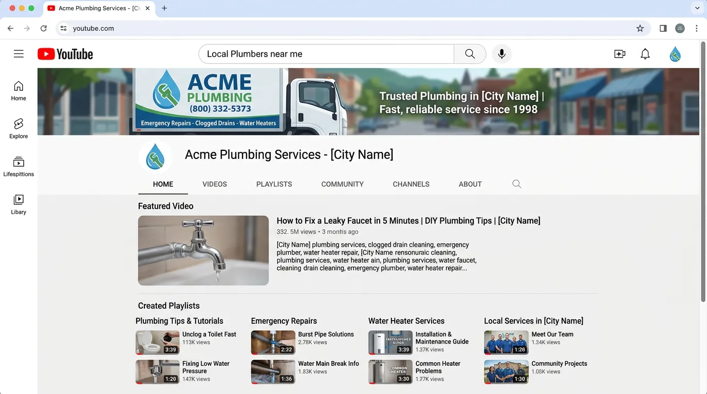 YouTube channel optimization showing local service business channel with keyword-rich title description and playlist structure