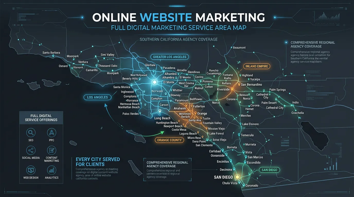 Complete Southern California service area list showing all cities covered by Online Website Marketing digital agency