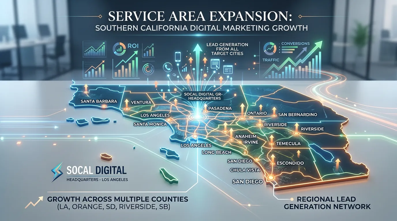 Service area expansion showing lead generation coverage for all Southern California cities in the service map