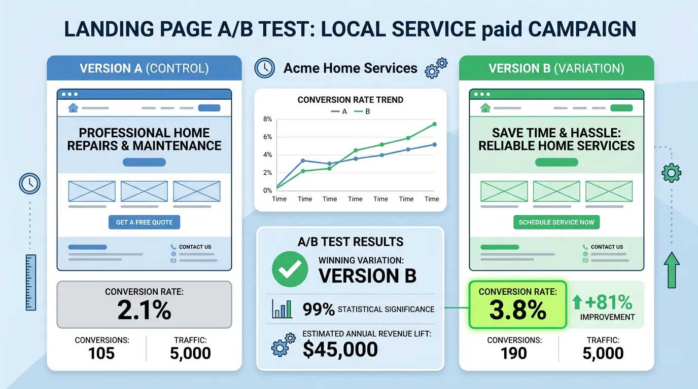 Landing page A-B test showing two headline versions being tested with conversion rate data for local service business