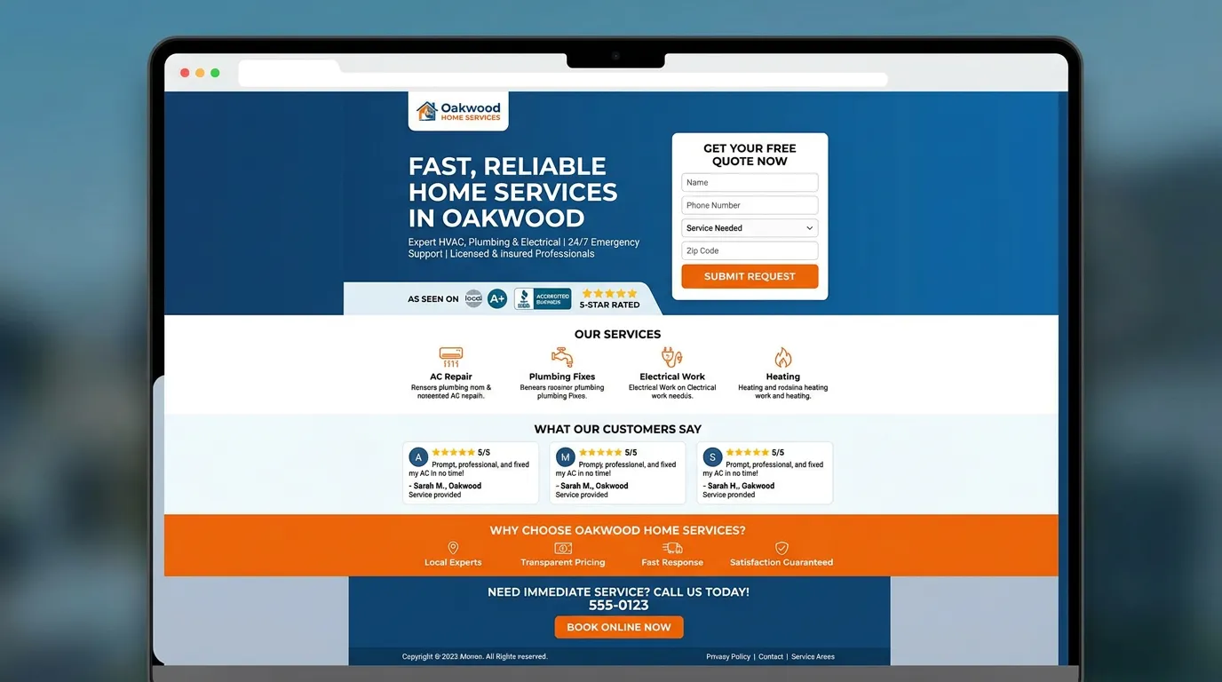 PPC landing page design showing optimized structure with matching ad message no navigation strong CTA and social proof