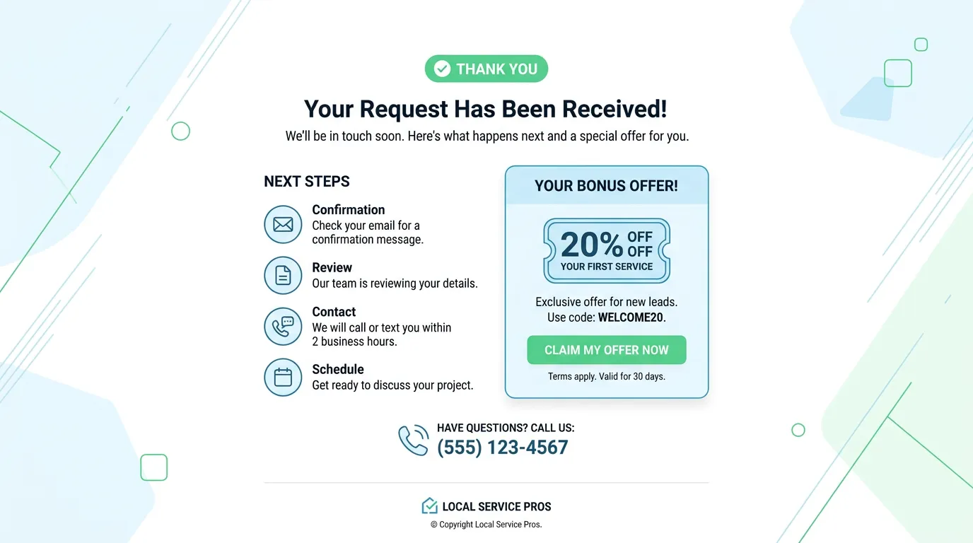 Landing page thank you page showing form confirmation screen with next steps and bonus offer for lead capture flow