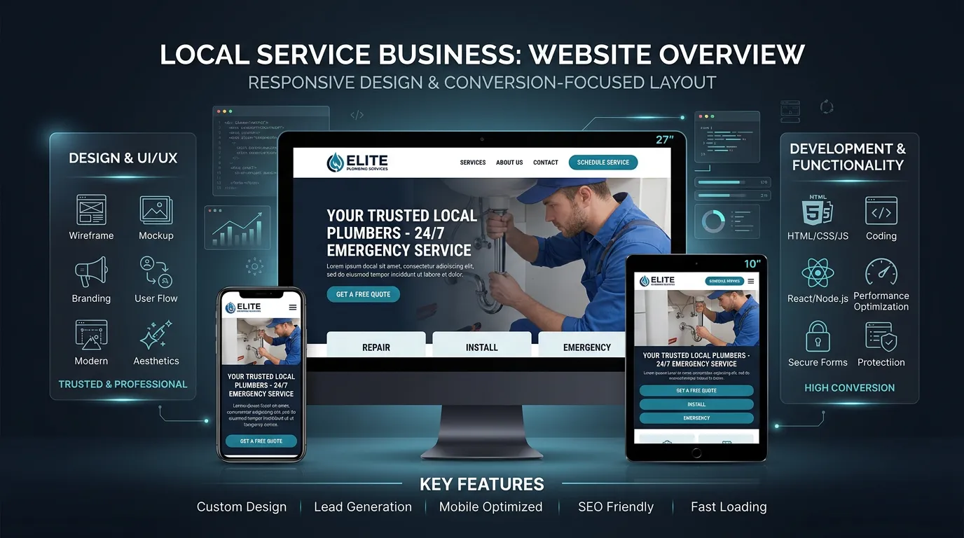 Web design overview showing modern local service business website on desktop tablet and mobile with conversion-focused layout