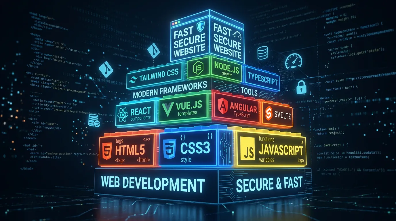 Web development technologies stack showing HTML CSS JavaScript and modern frameworks building a fast secure website