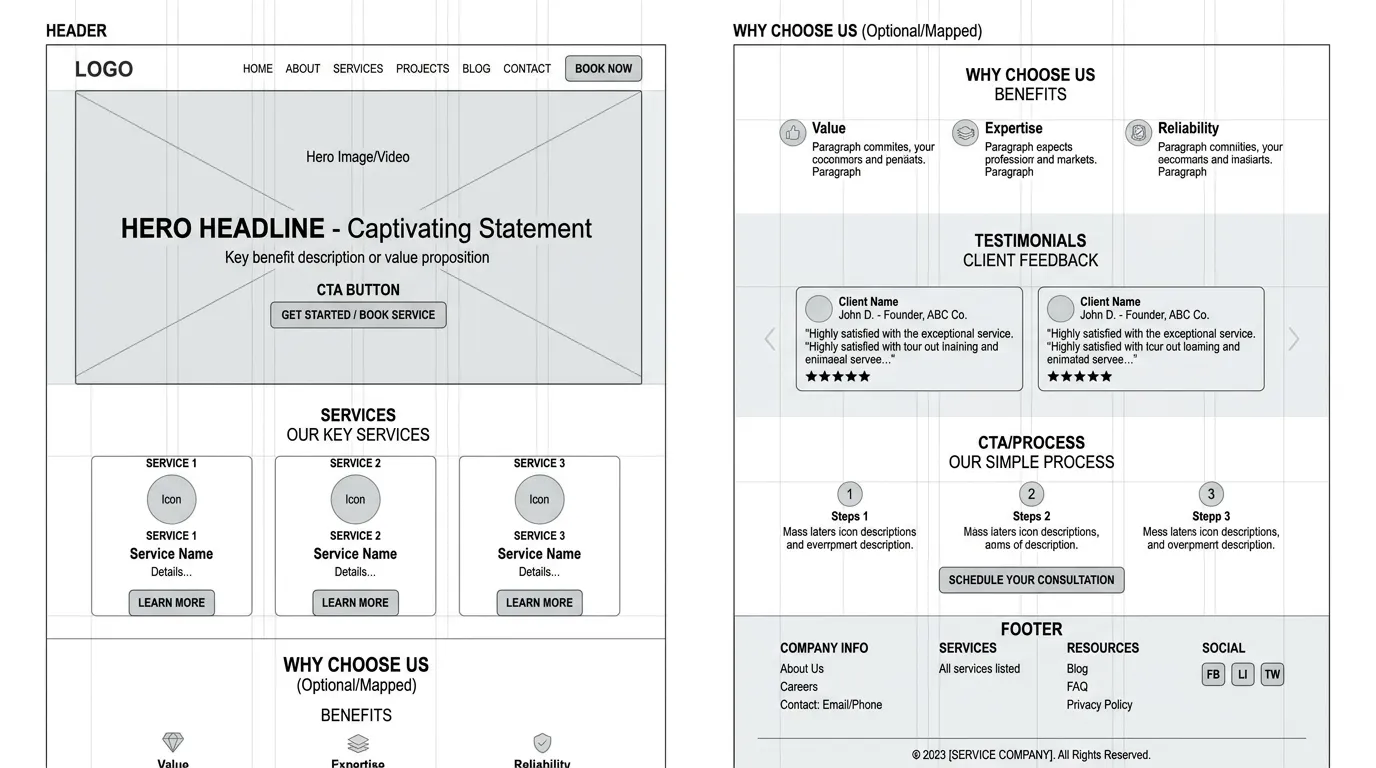Website design wireframe showing layout structure for service business homepage with hero CTA services and testimonials