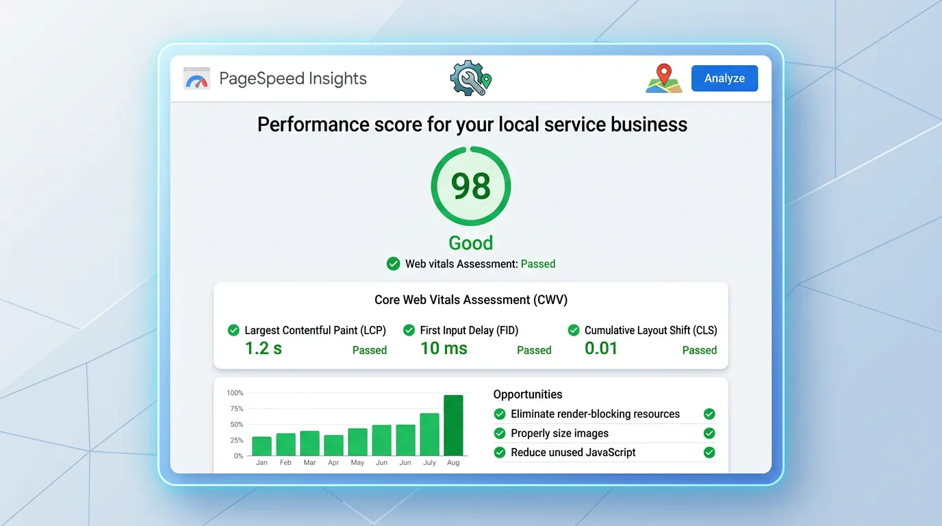 Speed and Core Web Vitals optimization showing website scoring 98 in Google PageSpeed with all green metrics