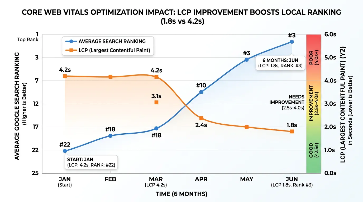 Chart illustrating Largest Contentful Paint improving over six months of optimization