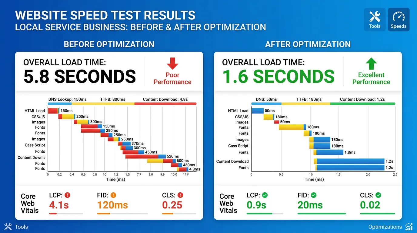 Website speed test waterfall showing load time before and after optimization