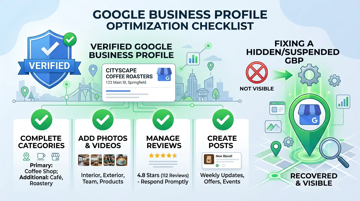 Google Business Profile optimization checklist showing verified profile with all elements completed in green