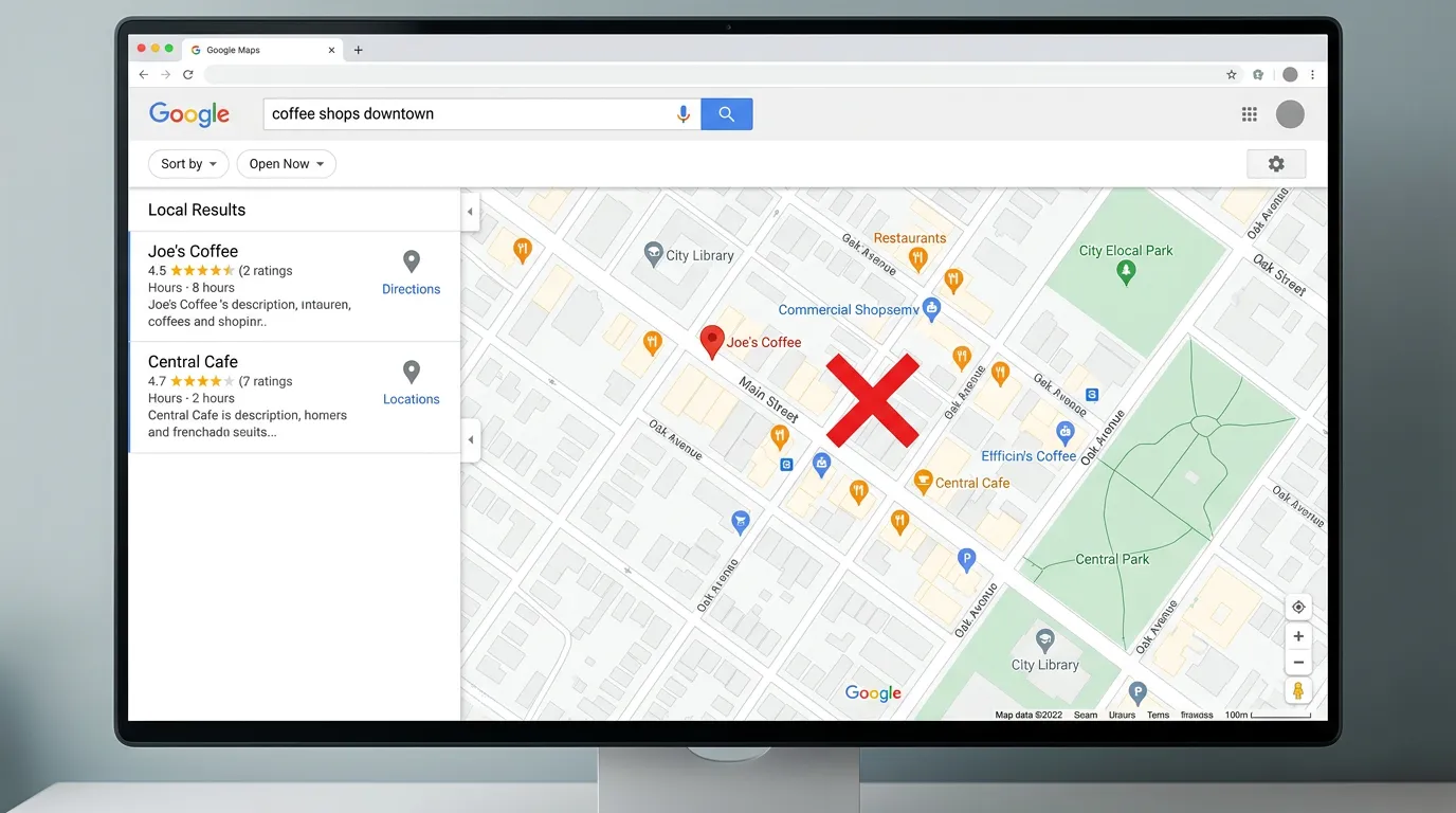 Google Maps local pack showing missing business that should appear with red X where map pin should be