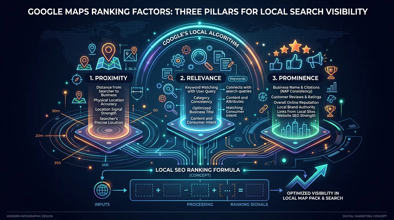 Google Maps ranking factors showing proximity relevance and prominence as three pillars for local search