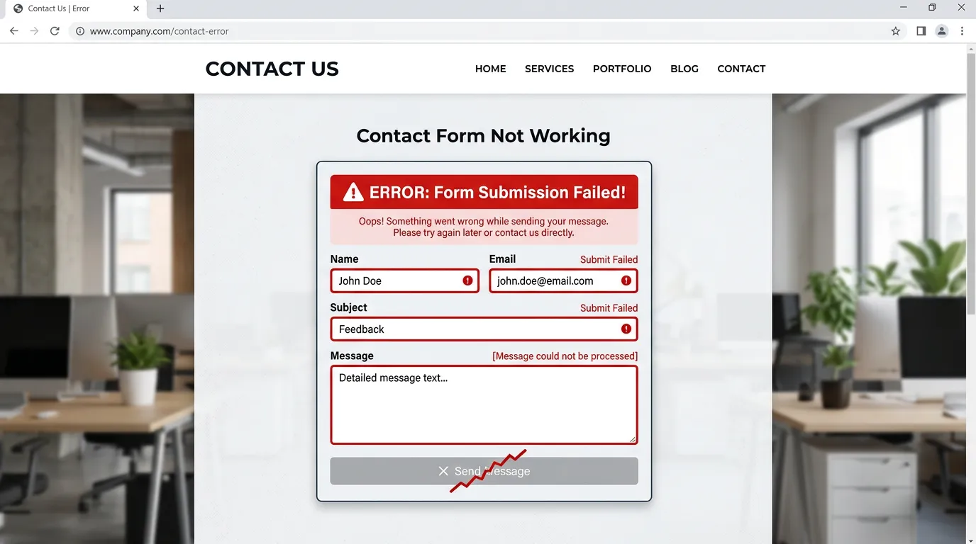 Contact form not working showing broken form submission with red error message on website contact page