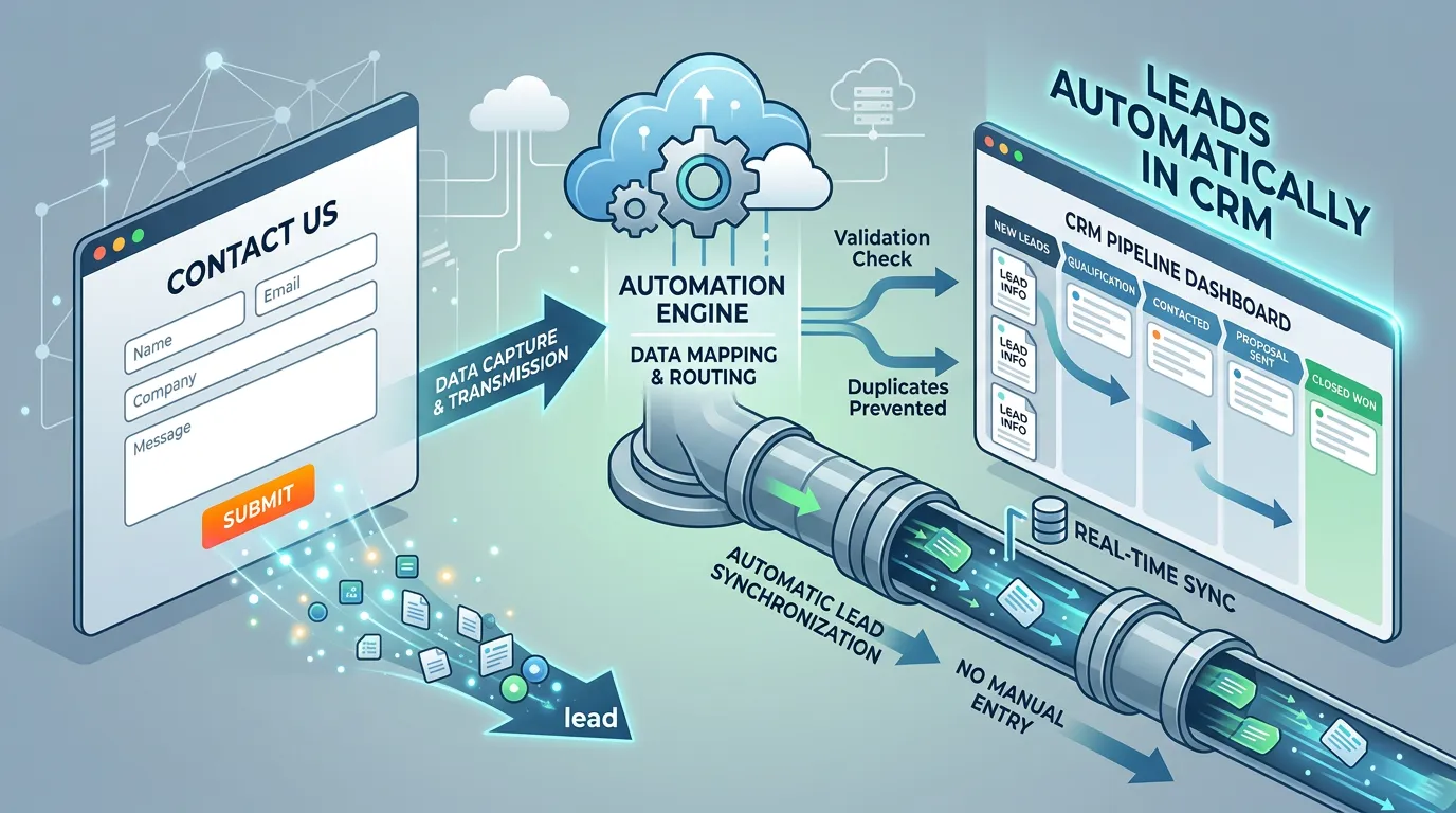 CRM integration with website contact form showing leads automatically flowing into CRM pipeline