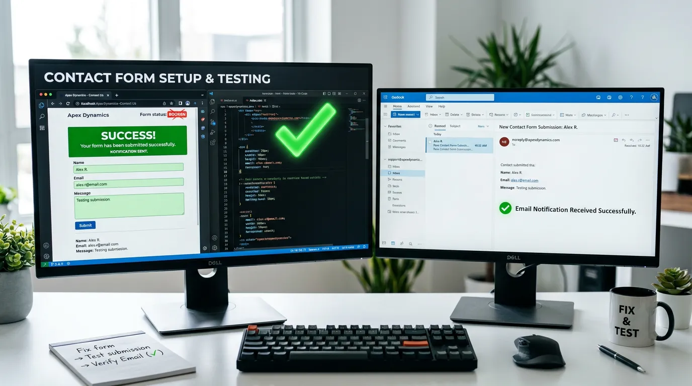 Contact form setup showing successful email notification confirmation with green checkmark