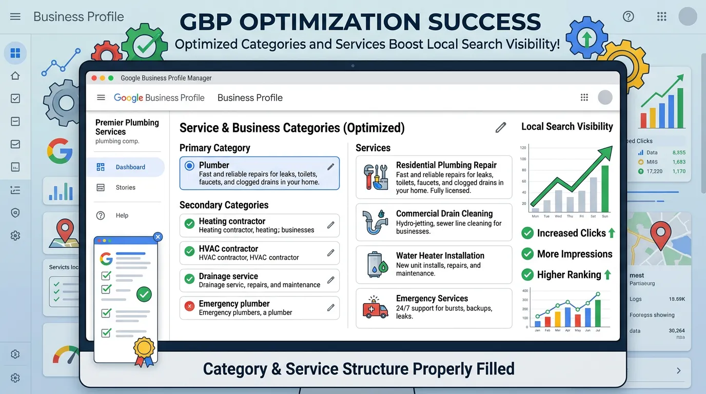 Google Business Profile with category and service optimization showing all elements completed boosting local visibility